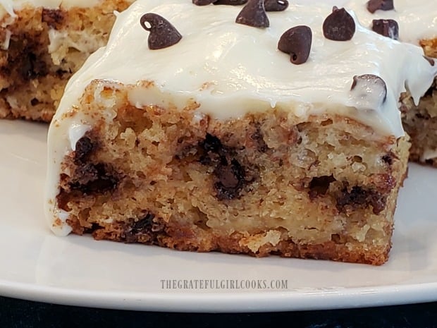 Banana chocolate chip bars are cut into portions and served!