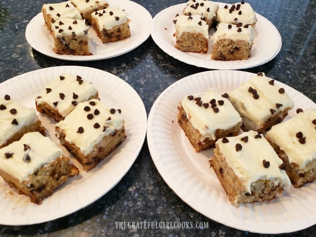 Plates full of banana chocolate chip bars, ready to deliver to our neighbors.