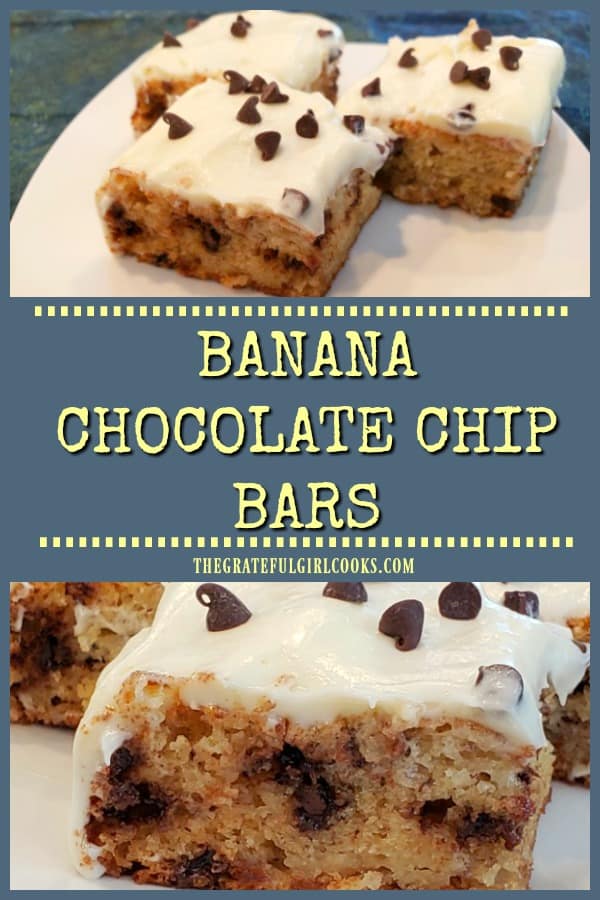 It's easy to make Banana Chocolate Chip Bars (w/ cream cheese frosting) for those you love! They're moist & delicious- you're gonna love 'em!