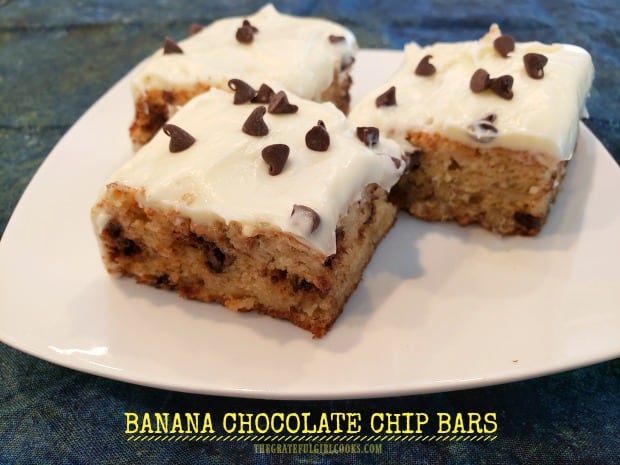 It's easy to make Banana Chocolate Chip Bars (w/ cream cheese frosting) for those you love! They're moist & delicious- you're gonna love 'em!