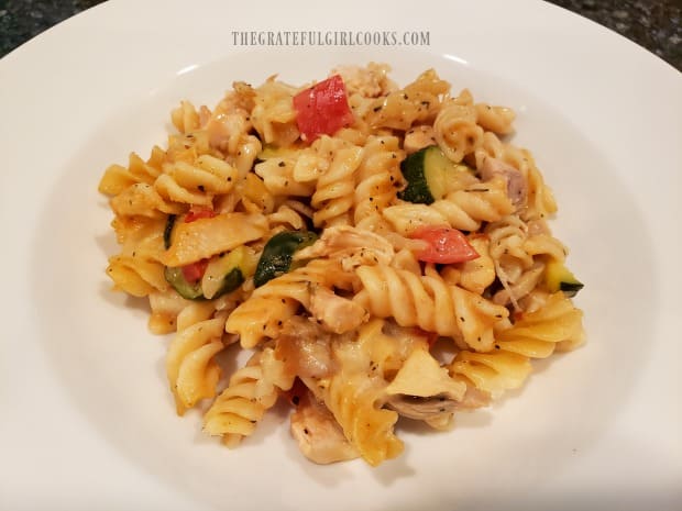 A bowl of chicken pasta casserole, ready to enjoy!