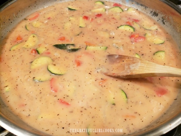 The sauce for the chicken pasta casserole has thickened.