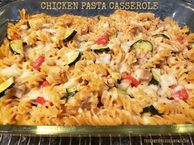 You'll enjoy this Chicken Pasta Casserole, with rotini pasta, zucchini, onions, red bell peppers, Parmesan and mozzarella, in a creamy sauce!