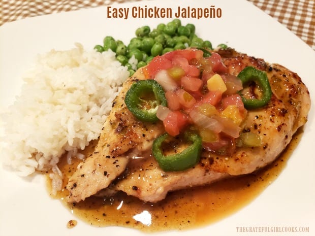 Easy Chicken Jalapeño is a delicious entree, with seasoned pan-seared chicken breasts topped with a brown butter, sweet & mild sauce for serving.