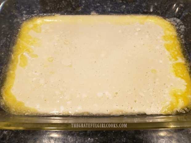 The cobbler batter is NOT stirred once added to the baking dish.