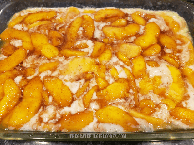 The fruit filling is NOT stirred once it goes into the baking dish.