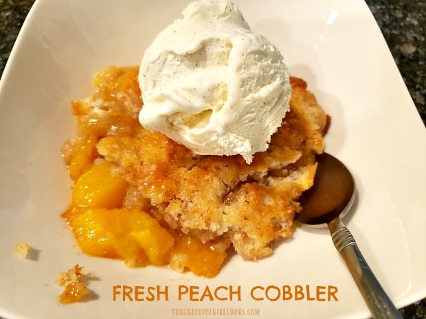 Classic Fresh Peach Cobbler, (enhanced with cinnamon and vanilla) is a simple, delicious Summer dessert, served with vanilla ice cream!
