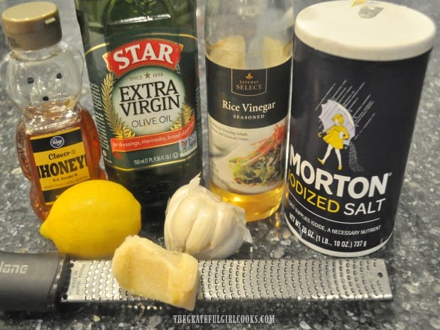 Ingredients for the salad dressing, ready to be mixed together.