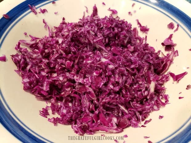Three cups of grated purple coleslaw becomes the base for this salad.