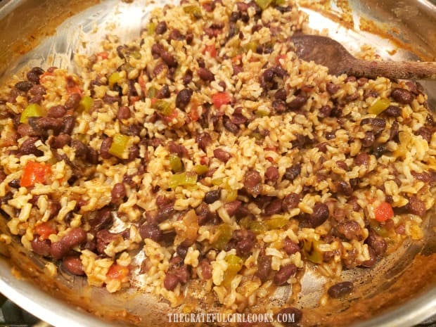 All the black beans and rice ingredients are combined in skillet... time to eat!