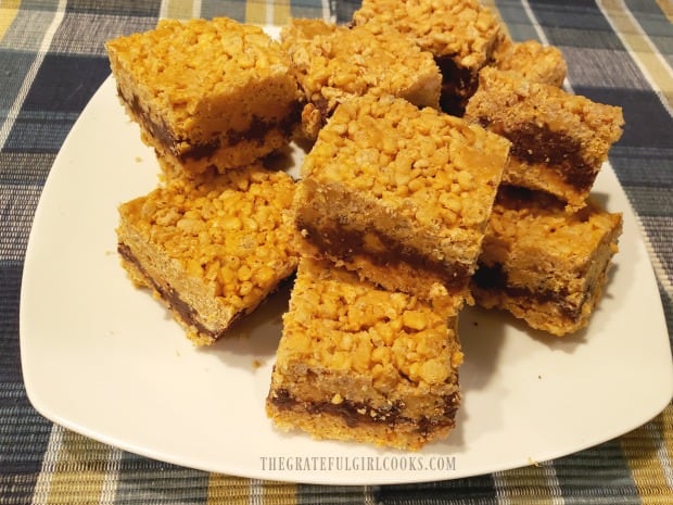 A plate of butterscotch fudge krispy bars, cut, and ready to eat!