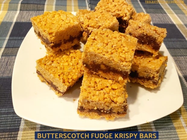 Butterscotch Fudge Krispy Bars are a yummy treat, with crunchy layers of puffed rice cereal, butterscotch chips, peanut butter and chocolate!