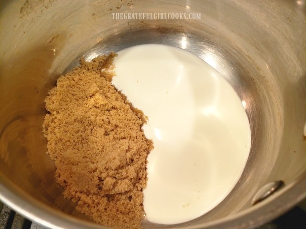 Whipping cream and brown sugar are cooked in saucepan.
