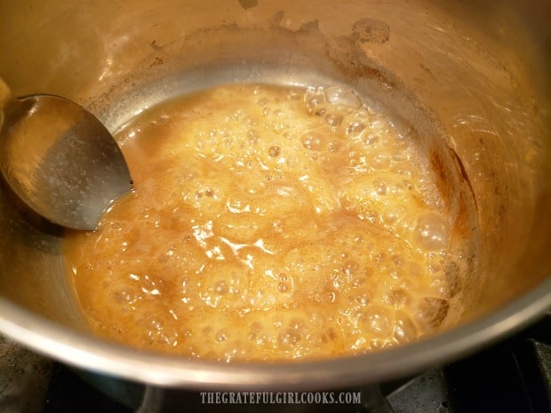 Brown sugar and heavy whipping cream cook until bubbly.