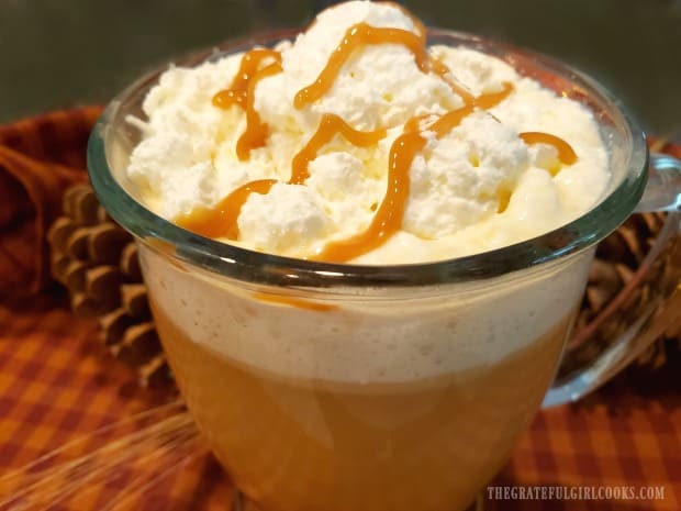 Whipped cream and caramel sauce top a mug of hot caramel apple cider.