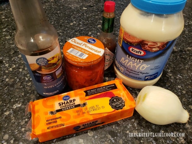 Ingredients used to make pimiento cheese, ready to go.