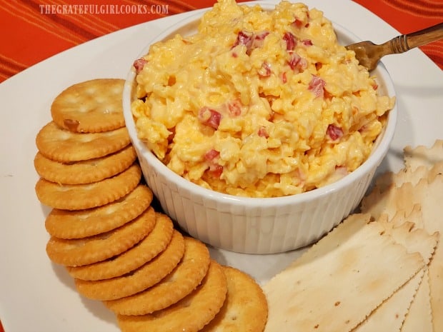 Classic pimiento cheese can be served with crackers for an appetizer.