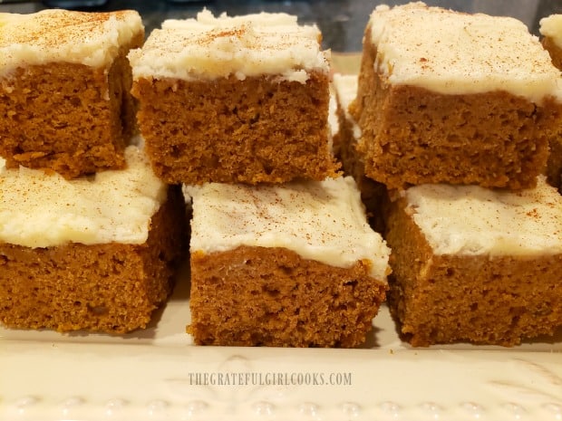 Delicious frosted pumpkin bars, ready to eat!