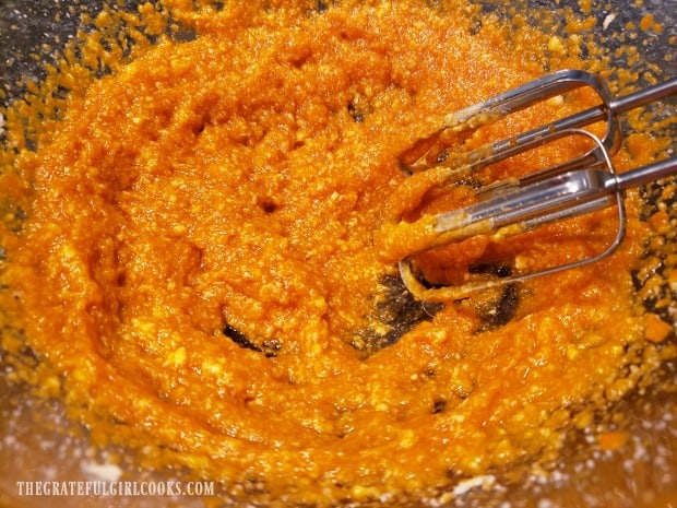 The pumpkin batter of wet ingredients, after being mixed together