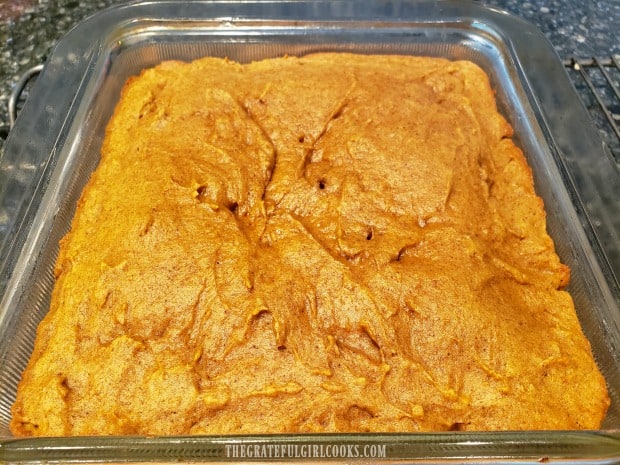 A pan of pumpkin bars, cooling on wire rack after baking.