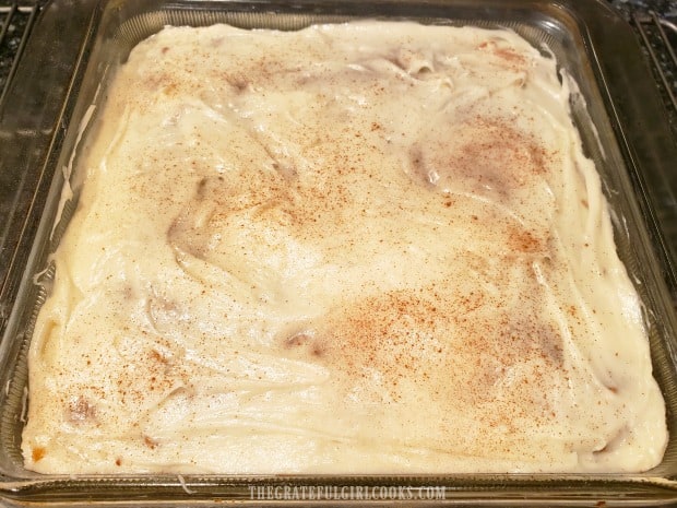 The pan of frosted pumpkin bars, ready to cut and enjoy!