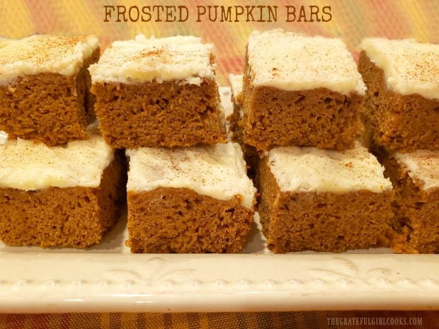 Frosted Pumpkin Bars are easy-to-make delicious treats, with cream cheese frosting, cinnamon, ginger and cloves, for a true taste of FALL!