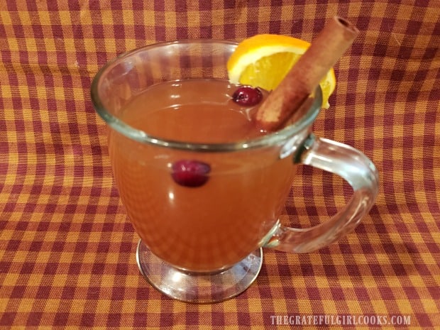Hot spiced apple cider, served with cinnamon stick, lemon wedge, and cranberries.