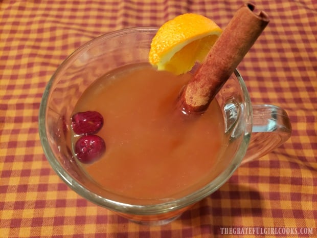 A mug of hot spiced apple cider, ready to sip!