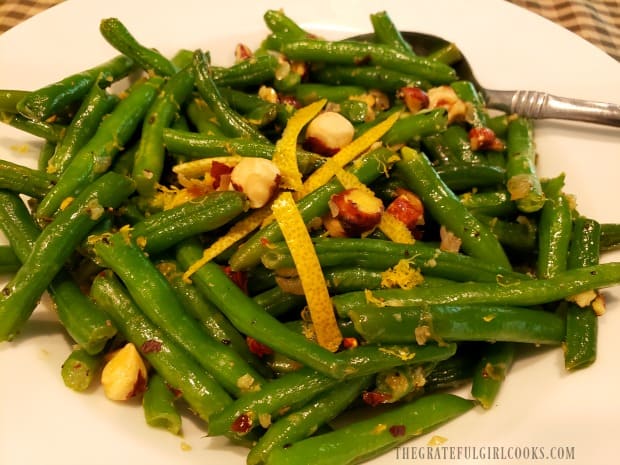 A look at the Lemon Hazelnut Green Beans, up close in a white bowl.