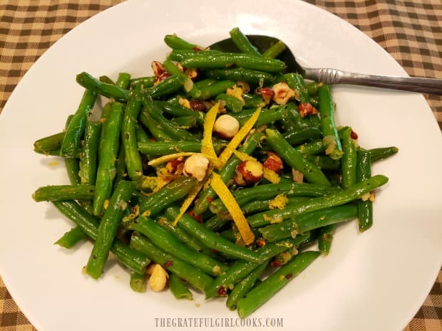 Lemon Hazelnut Green Beans are garnished and ready to serve.