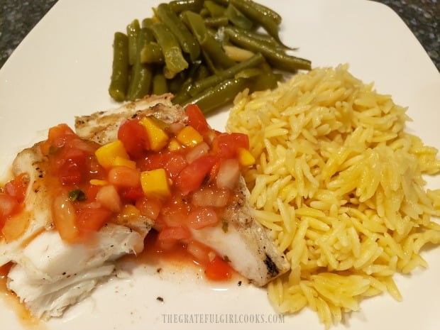 The Lemon Parmesan Orzo, served with green beans and grilled halibut with salsa.