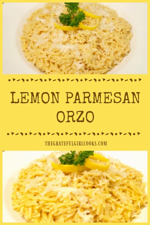 Looking for an easy, light, yummy side dish your family will enjoy? Try Lemon Parmesan Orzo, (serves 4), and it's ready in under 15 minutes!