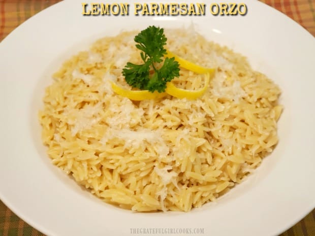 Looking for an easy, light, yummy side dish your family will enjoy? Try Lemon Parmesan Orzo, (serves 4), and it's ready in under 15 minutes!