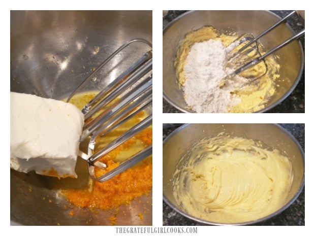Cream cheese, powdered sugar, OJ & orange zest are combined to make frosting.