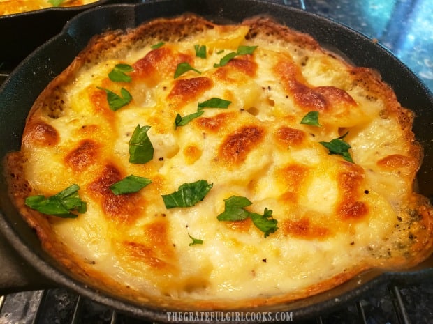 Scalloped Potatoes for Two are golden brown and bubbly once done baking.