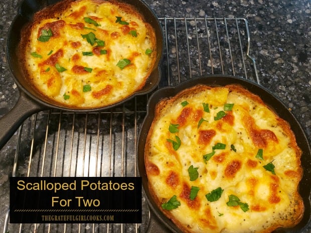 Scalloped Potatoes For Two is an easy to make, delicious side dish, featuring golden potato slices baked in a creamy Parmesan/garlic sauce.