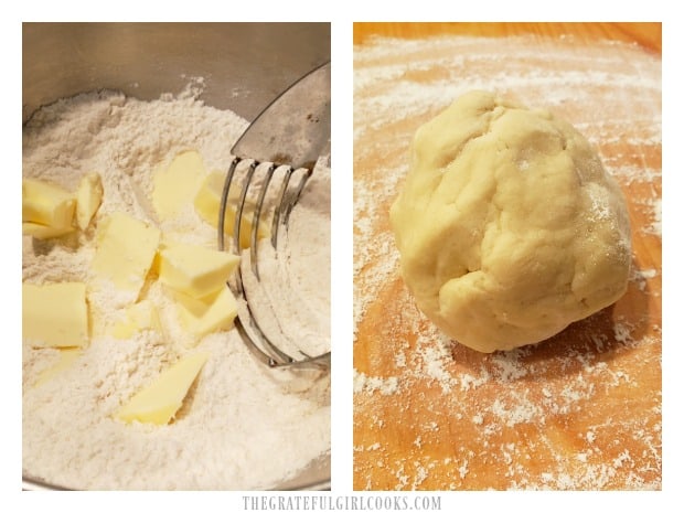 Butter is cut into pie crust ingredients, and then a ball of dough is formed.