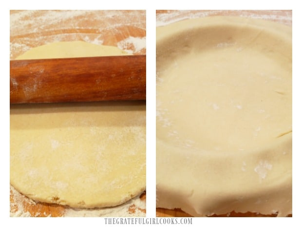 Pie crust is rolled out, then put in pie pan, leaving crust overhanging the sides.