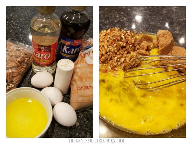 The pie filling ingredients are whisked together before adding to the crust.