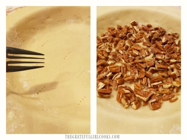 Pie crust is pierced with fork tines, then quartered pecans are added.