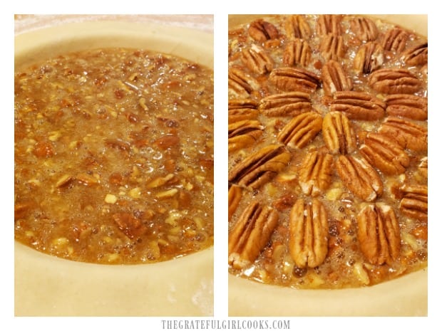 The pie filling is poured into crust, and then topped with pecan halves.