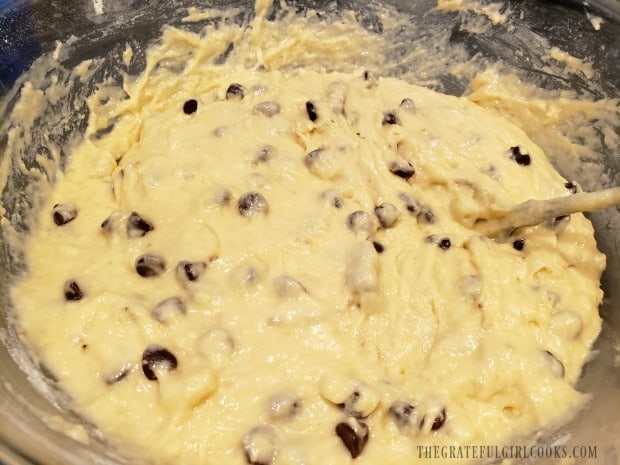 The banana bread batter is stirred only until ingredients are combined.
