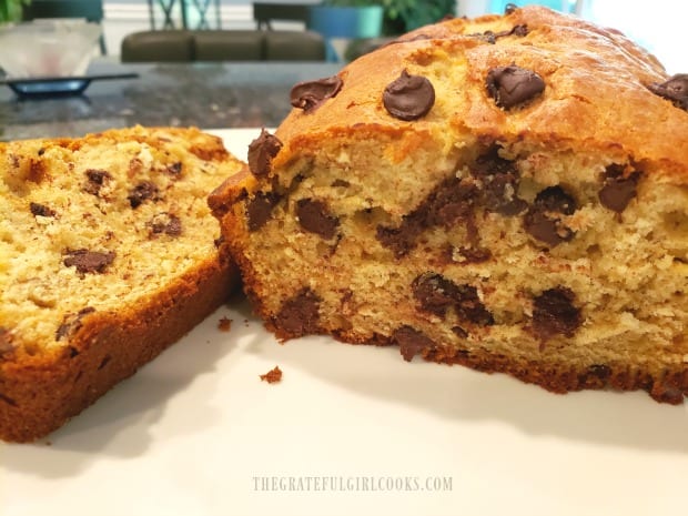 A view of the inside of the bread, once sliced. Lots of chocolate chips.