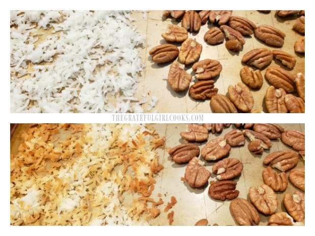 Coconut and pecans are toasted on a baking sheet in the oven.