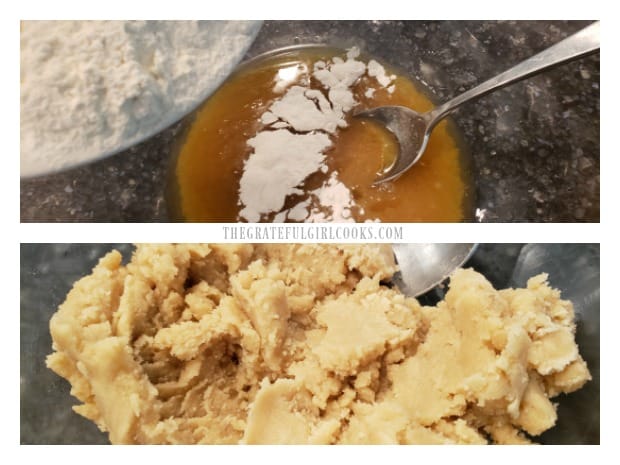 Dry ingredients are added to buttery wet ingredients to form a soft dough.