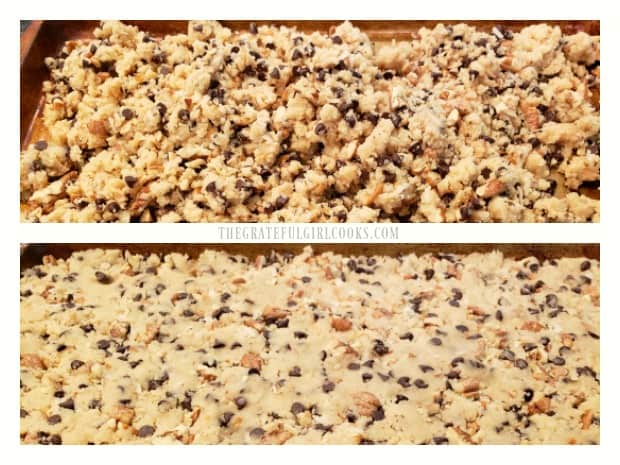Chocolate chip pecan brittle dough is pressed firmly into a 13x9" baking pan.
