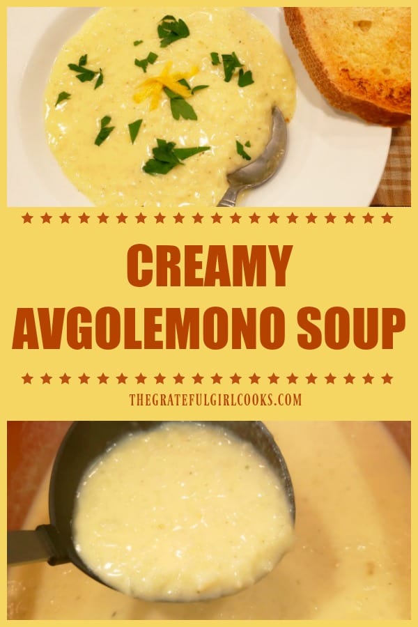 Creamy Avgolemono Soup is a classic Greek dish (with rice) that is delicious, rich and lemony, and very easy to make in under 30 minutes.