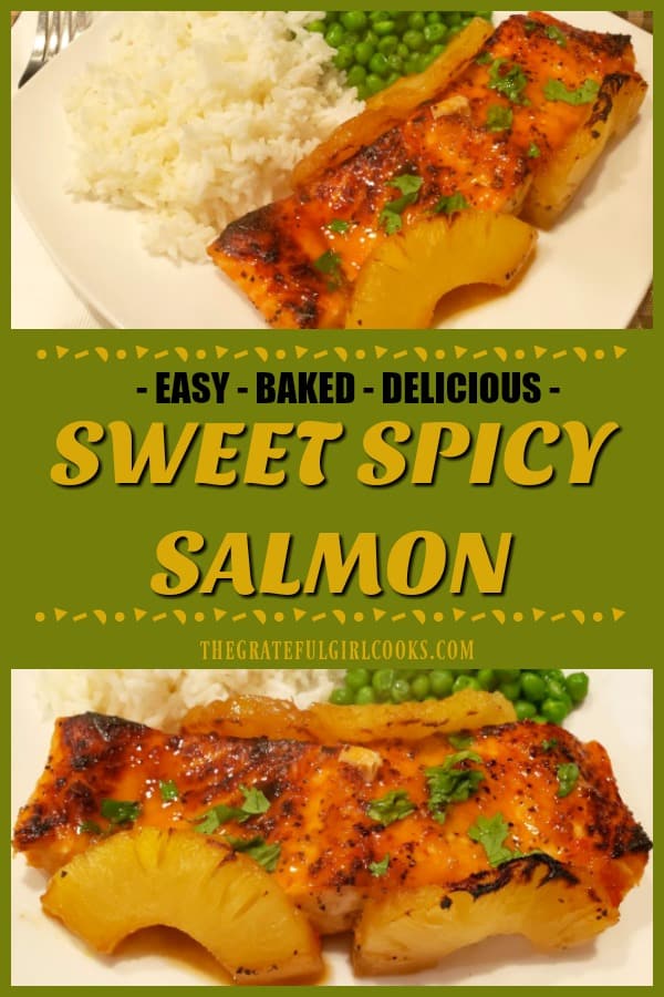 Sweet Spicy Salmon is an easy-to-make, delicious seafood dish! Seasoned fillets are covered with a pineapple/Asian-inspired sauce and baked.