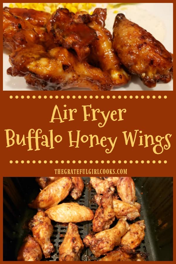 Delicious Air Fryer Buffalo Honey Wings are seasoned with a spice rub, cooked until crisp, and coated with a sweet, spicy sauce to serve.