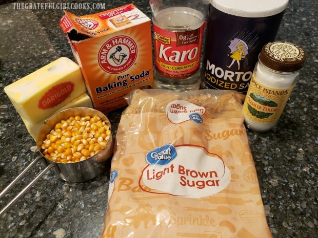 A photo of the ingredients needed to make this recipe for caramel corn.